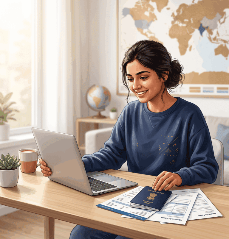 Indian student preparing documents and laptop for studying abroad application - Easy Abroad Consultant